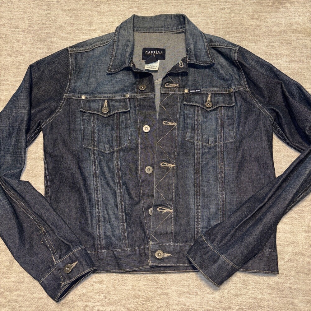 Y2K Vintage Heavy Nautica Dark Denim Jean Trucker Jacket Mens Size Large Women's